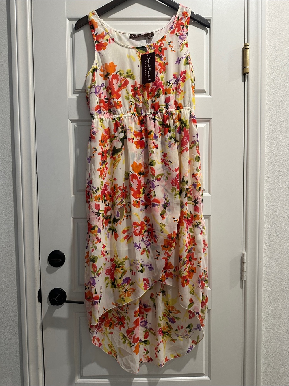 Speed Control White Floral Midi Dress with Pink, Orange & Green Accents